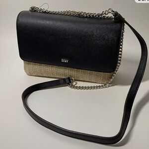 DKNY Sina MD Flap Leather/Straw Women's Black/Beige Logo Crossbody Bag